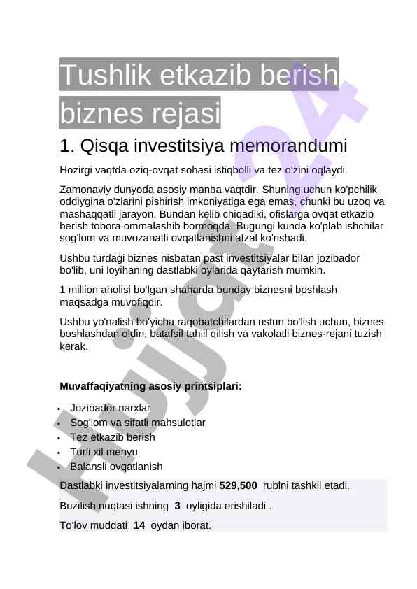 Oziq-ovqat biznes rejasi va investitsiya yondoshuvi