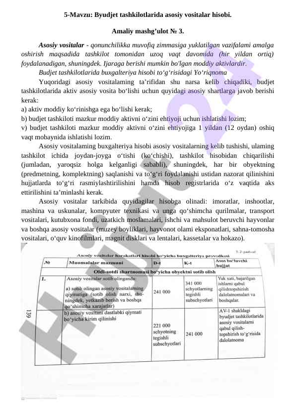 Byudjet tashkilotlarida asosiy vositalar hisobi