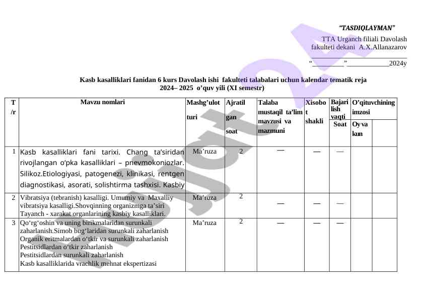 Kalendar tematik reja 2024-2025 o‘quv yili