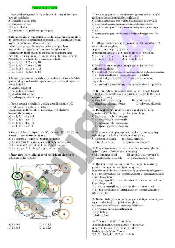 Hayvonlar va o'simliklar to'g'risida test savollari