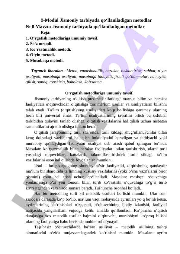 Jismoniy tarbiyada qo‘llaniladigan metodlar