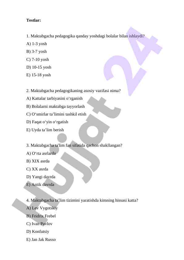 Maktabgacha ta'lim fani test savollari