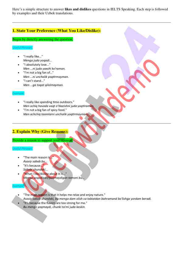 Ielts speaking like and dislike structure