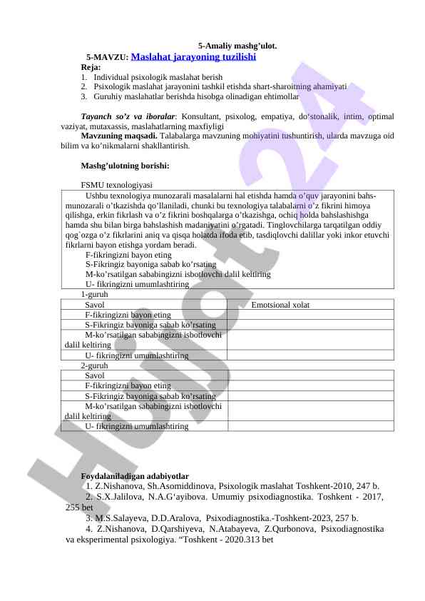 Maslahat jarayoning tuzilishi va psixologik maslahatlar