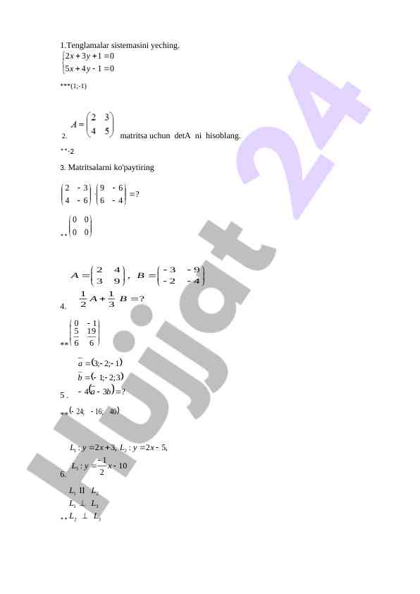 Matematika kursi bo'yicha nazorat ishlari