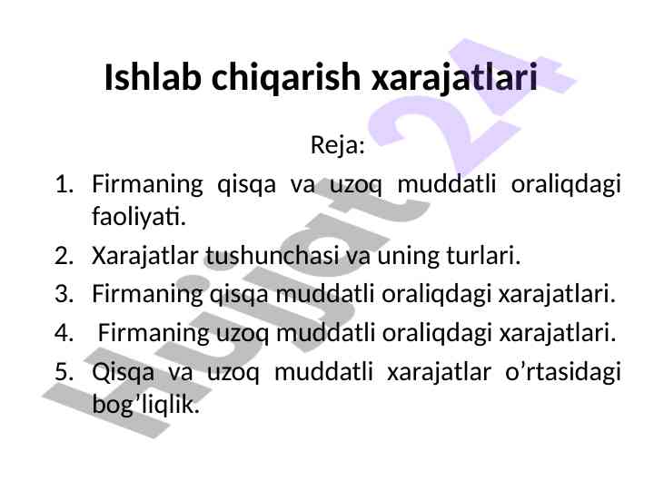 Ishlab chqarish xarajatlari tahlili va tasnifi