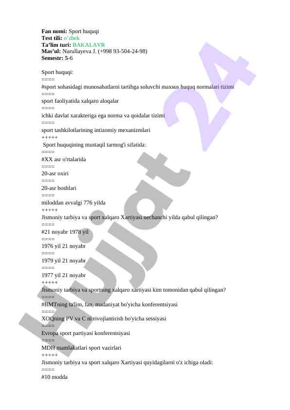 Sport huquqi testlari va savollari