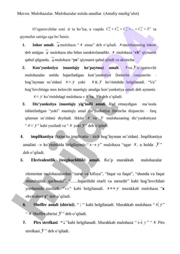 Mulohazalar ustida amallar va amaliy mashg’ulot