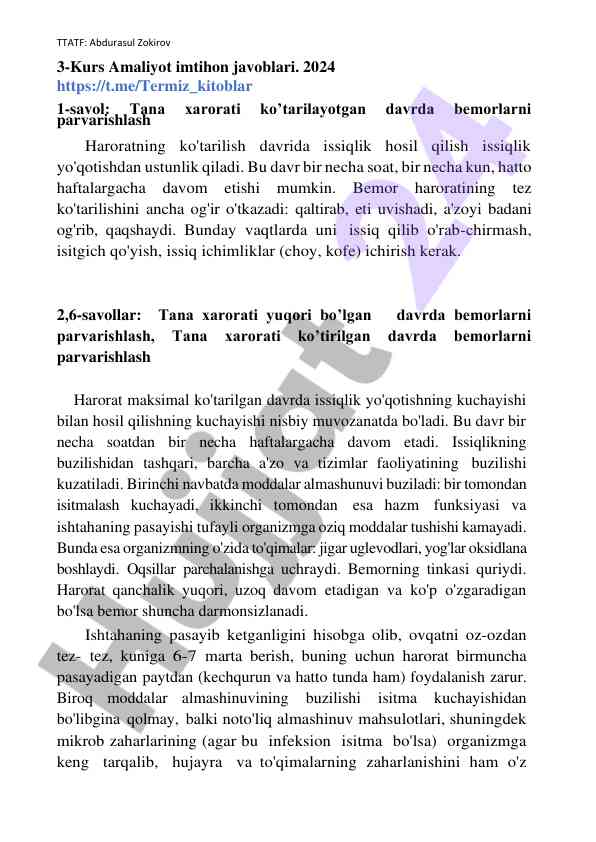 Bemorlarni tana xarorati yuqoriligida parvarishlash