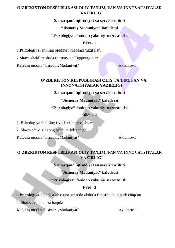 Psixologiya fani bo'yicha yakuniy nazorat ishlari