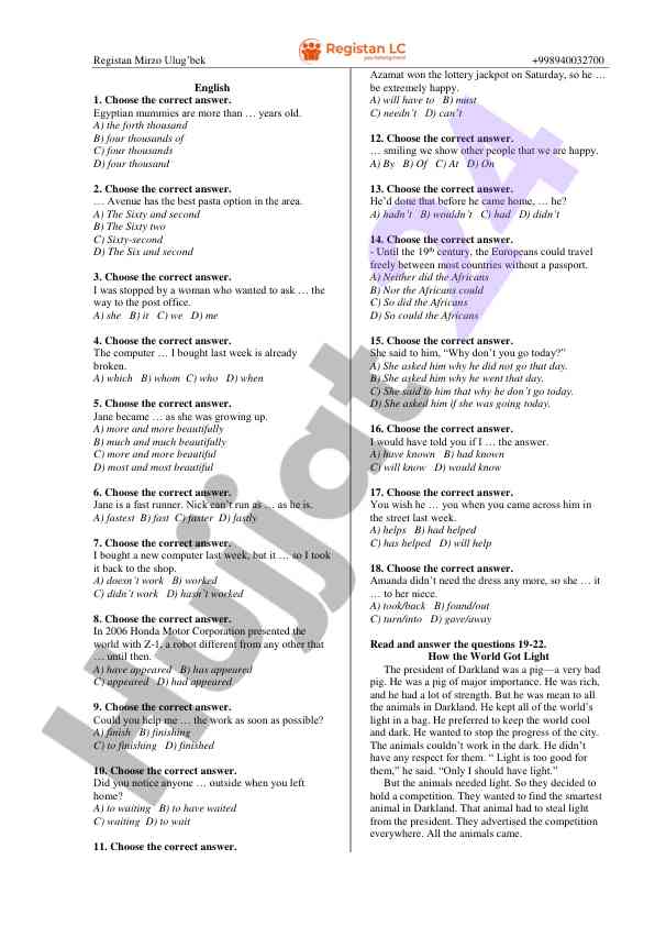 English language test questions with multiple choice answers