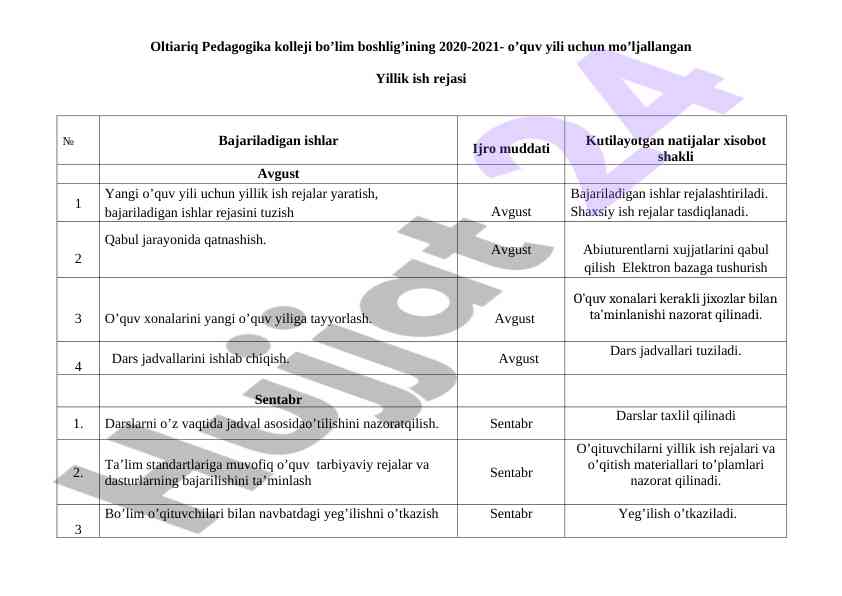 Yillik Ish Rejasi 2020-2021 O‘quv Yili Uchun