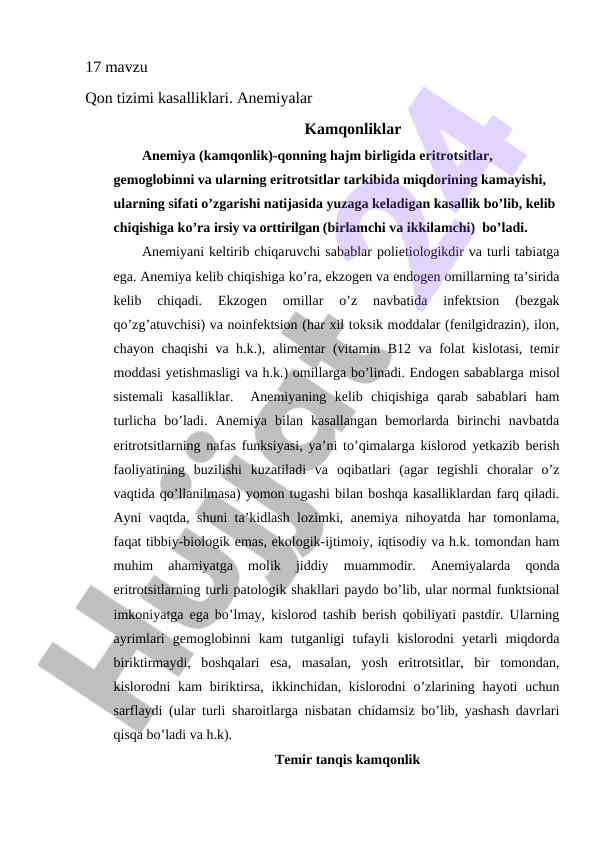 Qon tizimi kasalliklari va anemiyalar tahlili