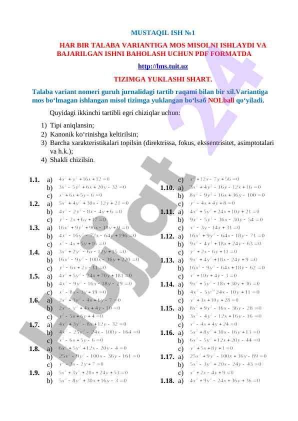 Ikkinchi tartibli egri chiziqlar bo‘yicha misollar