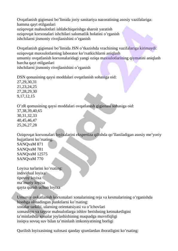 Ovqatlanish gigienasi va sanitariya nazorati asoslari