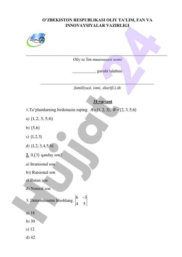 Matematika kurs ishlari bo‘yicha misollar
