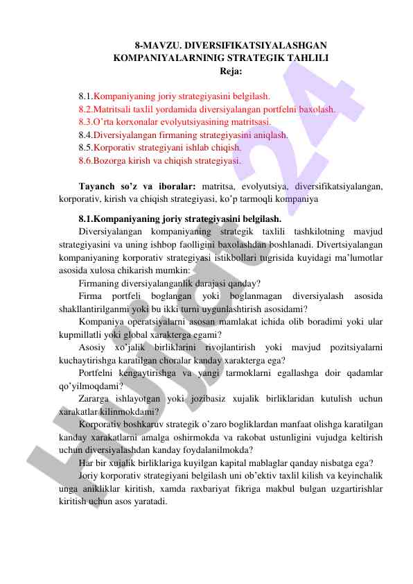 Diversifikatsiyalashgan kompaniyalarning strategik tahlili