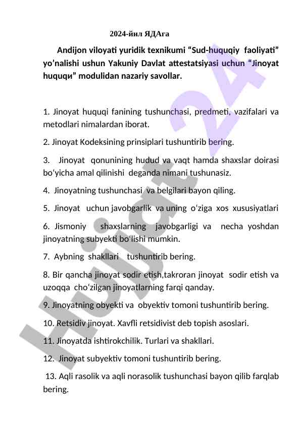 Jinoyat huquqi modulining nazariy savollari