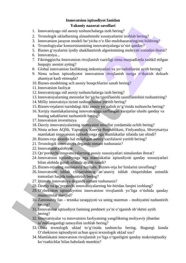 Innovatsion iqtisodiyot fanidan yakuniy nazorat savollari