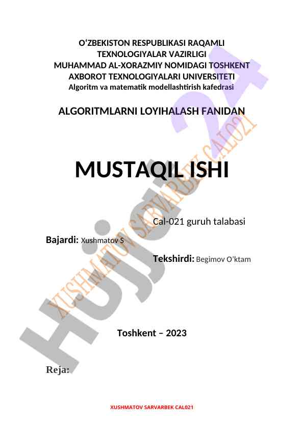 Algoritmlarni loyihalash fanidan mustaqil ish