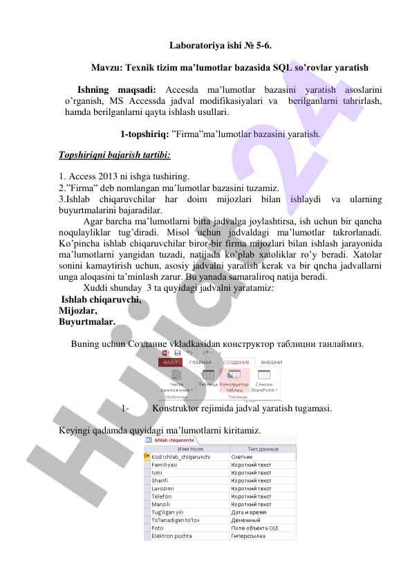 Sql so’rovlar yaratish va ma’lumotlar bazasi