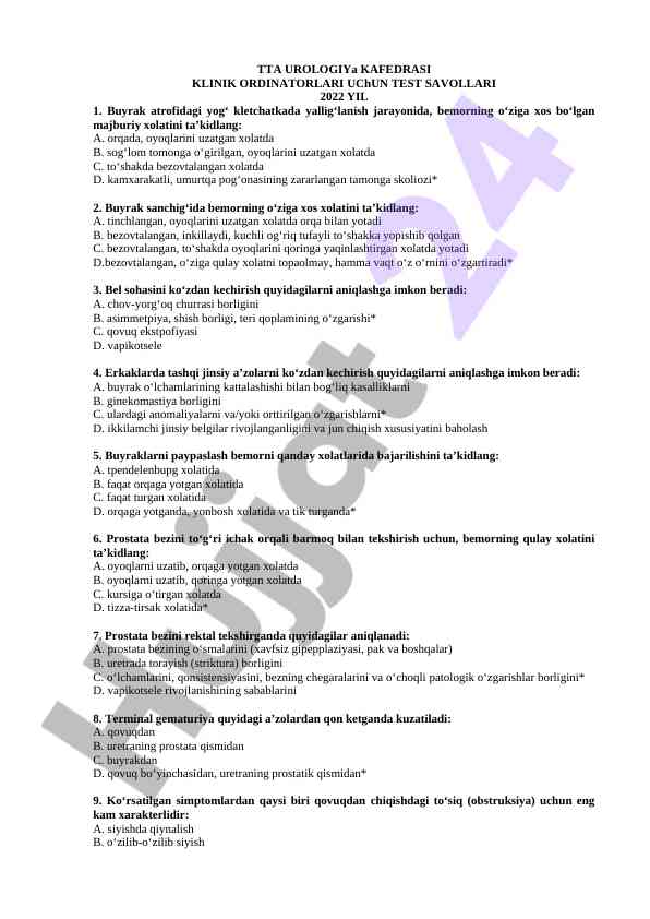 2022 yil klinik ordinatorlar uchun test savollari