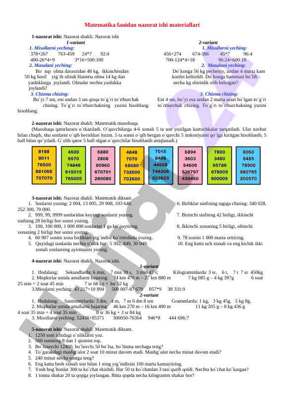 Matematika fanidan nazorat ishlari materiallari