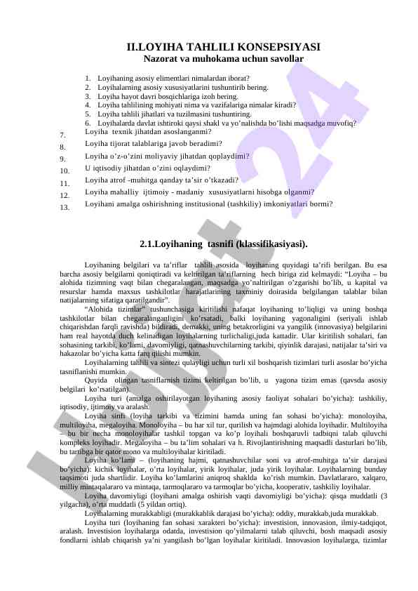 Loyiha tahlili konsepsiyasi texnik jihatlari