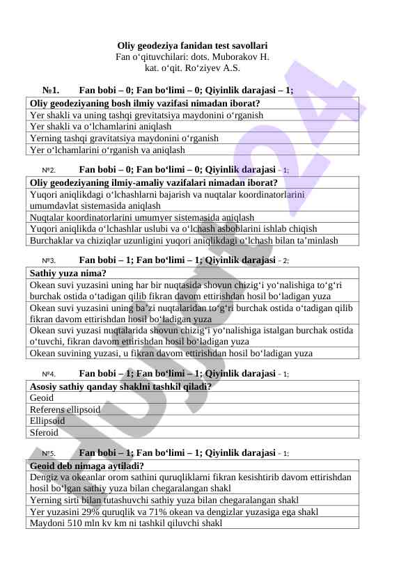 Oliy geodeziya fanidan test savollari