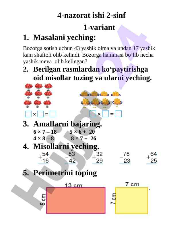 Matematika nazorat ishlari 2-sinf variantlar
