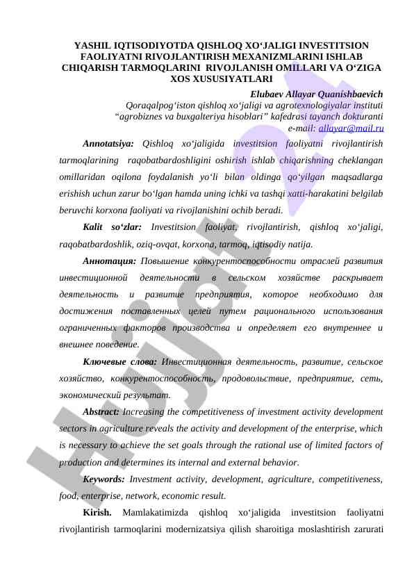 Investitsion faoliyatni rivojlantirish mexanizmlari