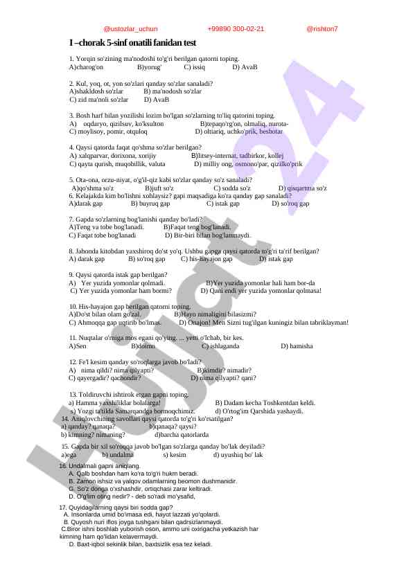 5-sinf onatili fanidan test 1