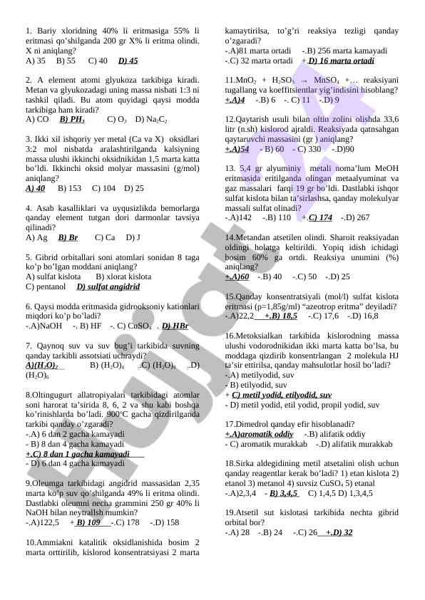 Kimyo fanidan test savollari