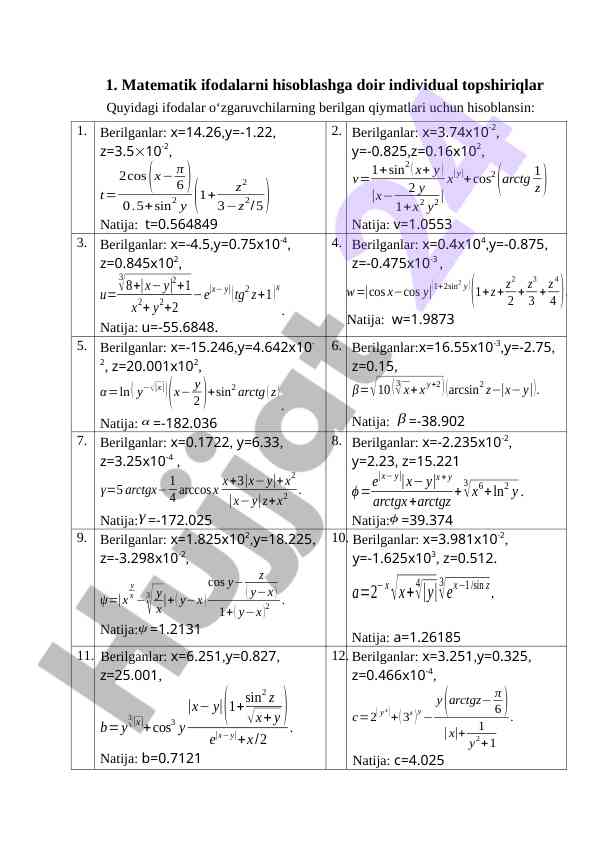Matematik ifodalarni hisoblashga doir topsiriqlar