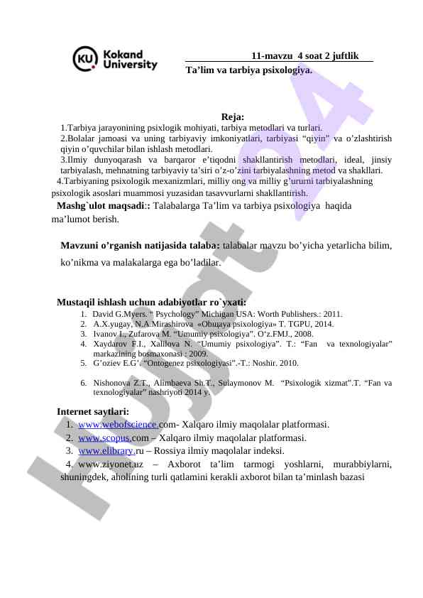 Psixologiya tarbiyasi va tarbiyaviy imkoniyatlar