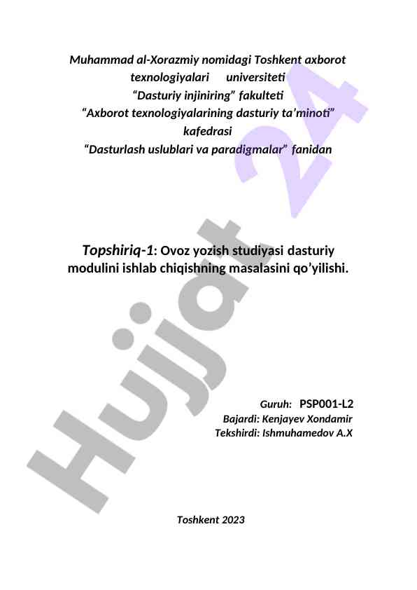 Ovoz yozish studiyasi dasturiy modulini ishlab chiqish