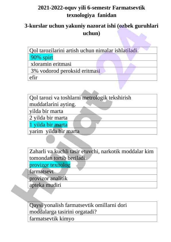Farmatsevtik texnologiya fanidan yakuniy nazorat ishti