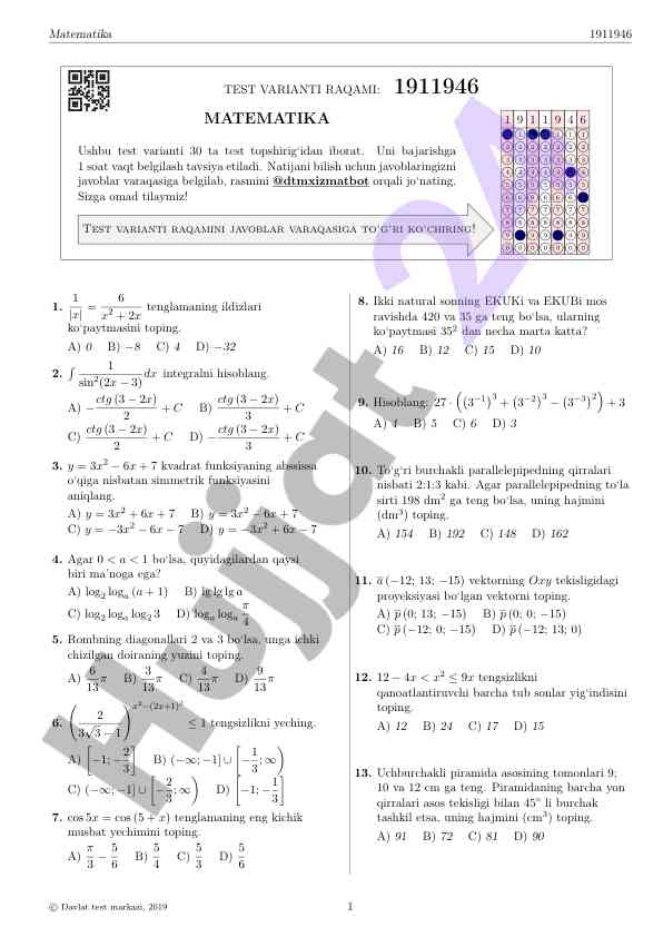 Matematika test varianti: 30 ta test topshiriq