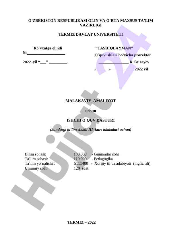Malakaviy Amaliyot Uchun Ishchi O‘quv Dasturi