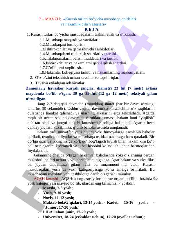 Kurash Turlari Musobaqa Qoidalari Va Hakamlik