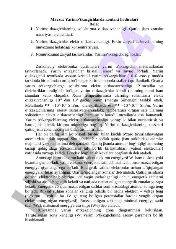 Yarimo‘tkazgichlarda kontakt hodisalari tahlili