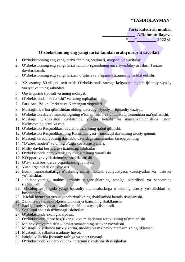 O‘zbekistonning eng yangi tarixi fanidan savollar