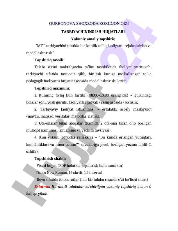 Maktabgacha ta'lim tashkilotida tarbiyachining faoliyati