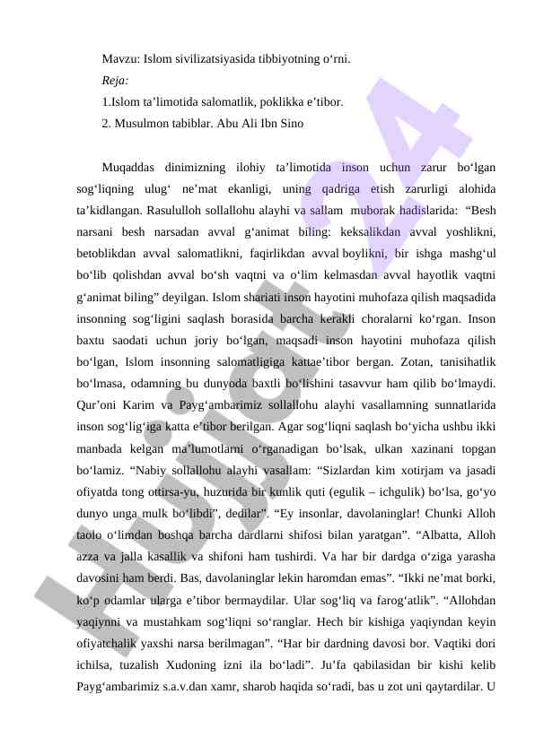 Islom sivilizatsiyasida tibbiyotning o‘rni