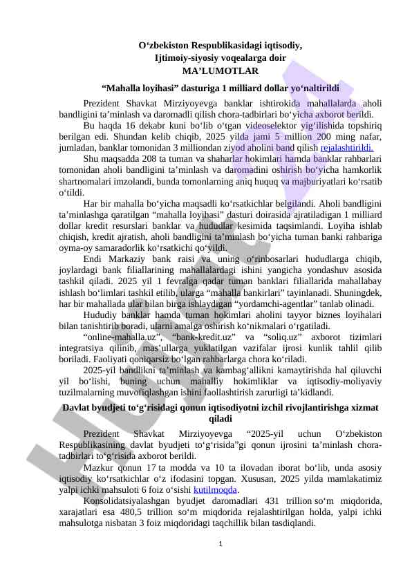Aholi bandligini ta’minlash loyihasi bo‘yicha ma’lumotlar