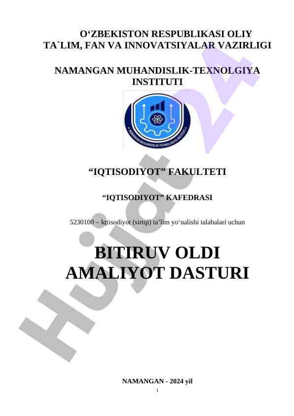 Iqtisodiyot sirtqi ta’lim yoʻnalishi dasturi 2024