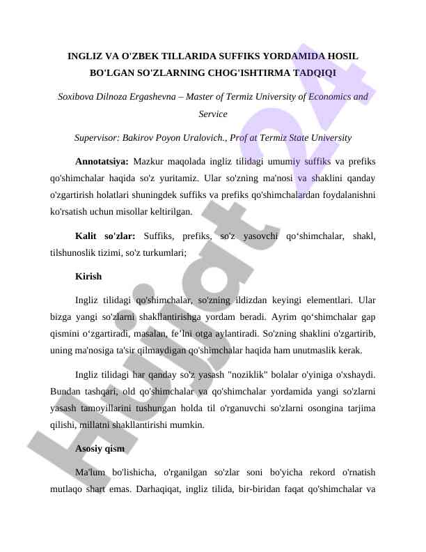 Ingliz va o'zbek tillarida suffiks va prefiks tadqiqi