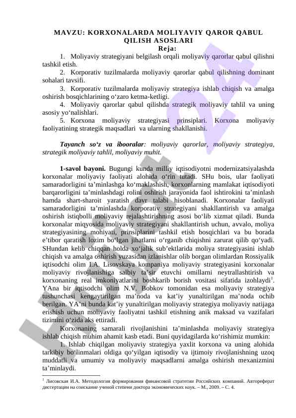 Korxonalarda moliyaviy qaror qabul qilish asoslari