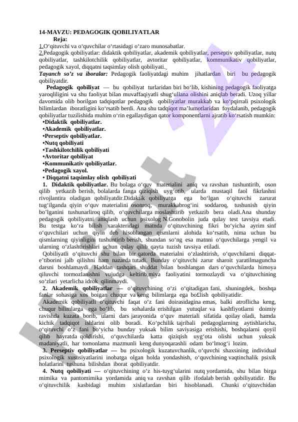 Pedagogik qobiliyatlar va ularning ahmiyati