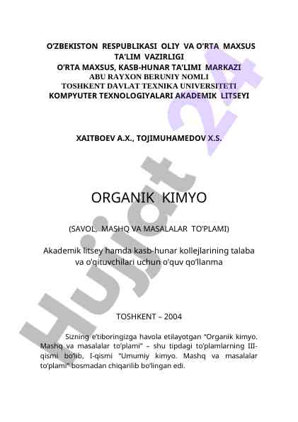 Organik kimyo savol, mashq va masalalar to‘plami